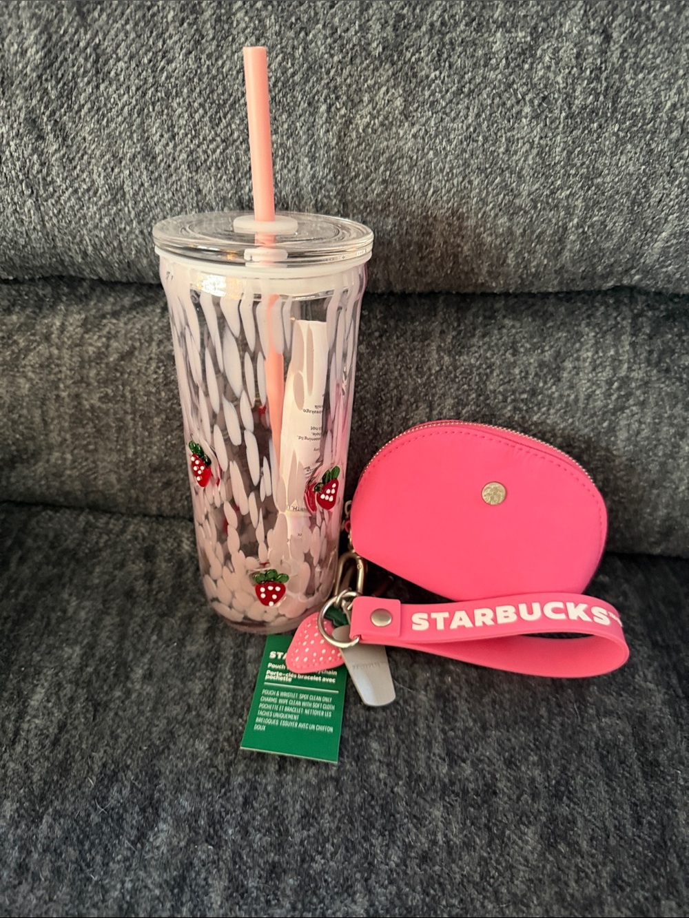 Starbucks Clear Pink Strawberry Tumbler with Hot Pink Pouch and Strap